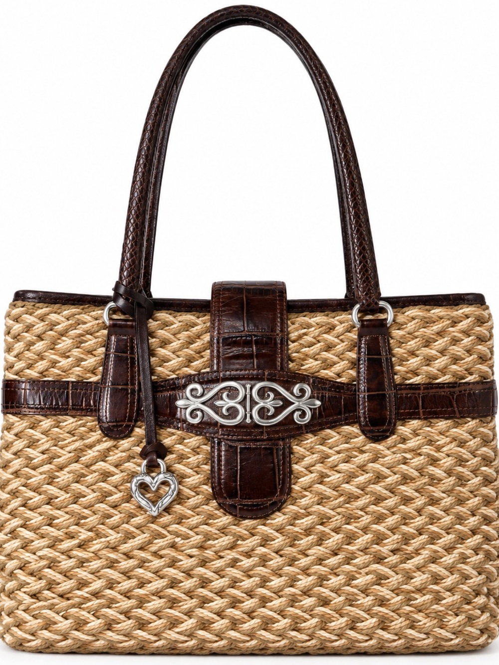BRIGHTON Straw Tote KORA Lined Purse
Bag w/ Leather Trim & Heart
Charm VINTAGE